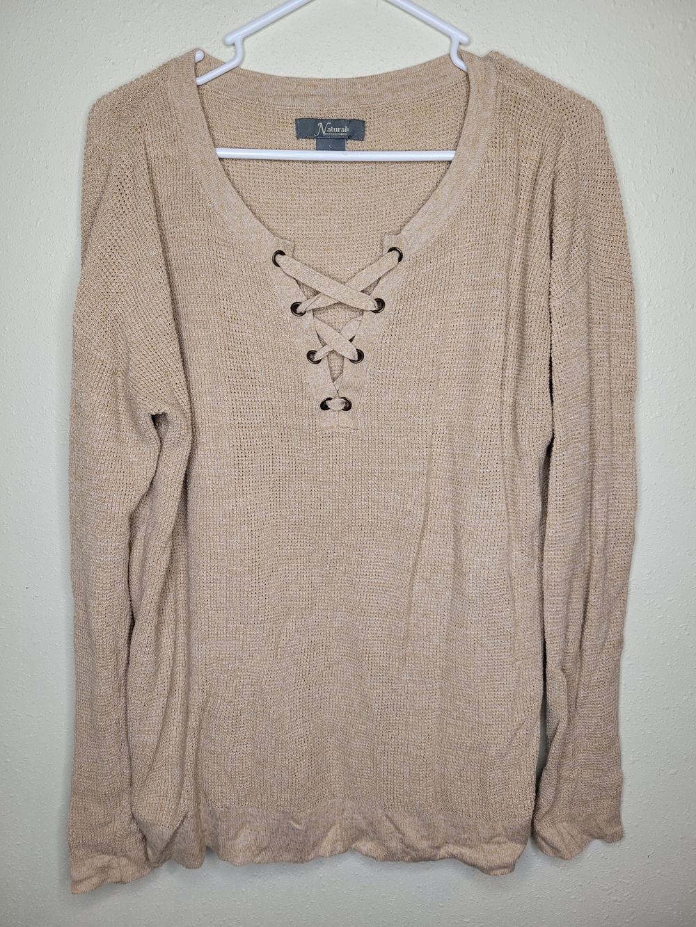 Natural Reflections Lace-Up V-Neck Sweater Top - Beige